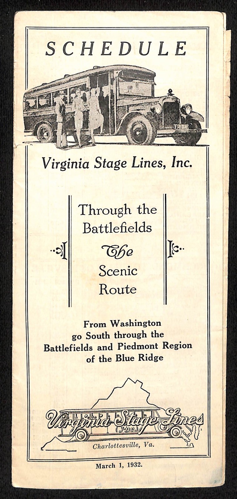 1932 Virginia Stage Lines Charlottesville, VA Bus Fare & Schedule Sheet