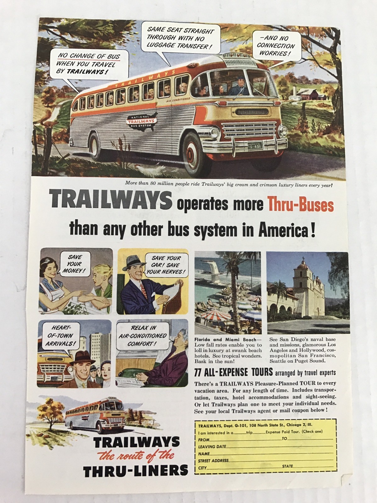 Trailways Bus Vtg 1951 Print Ad The Route Of The Tru-liners