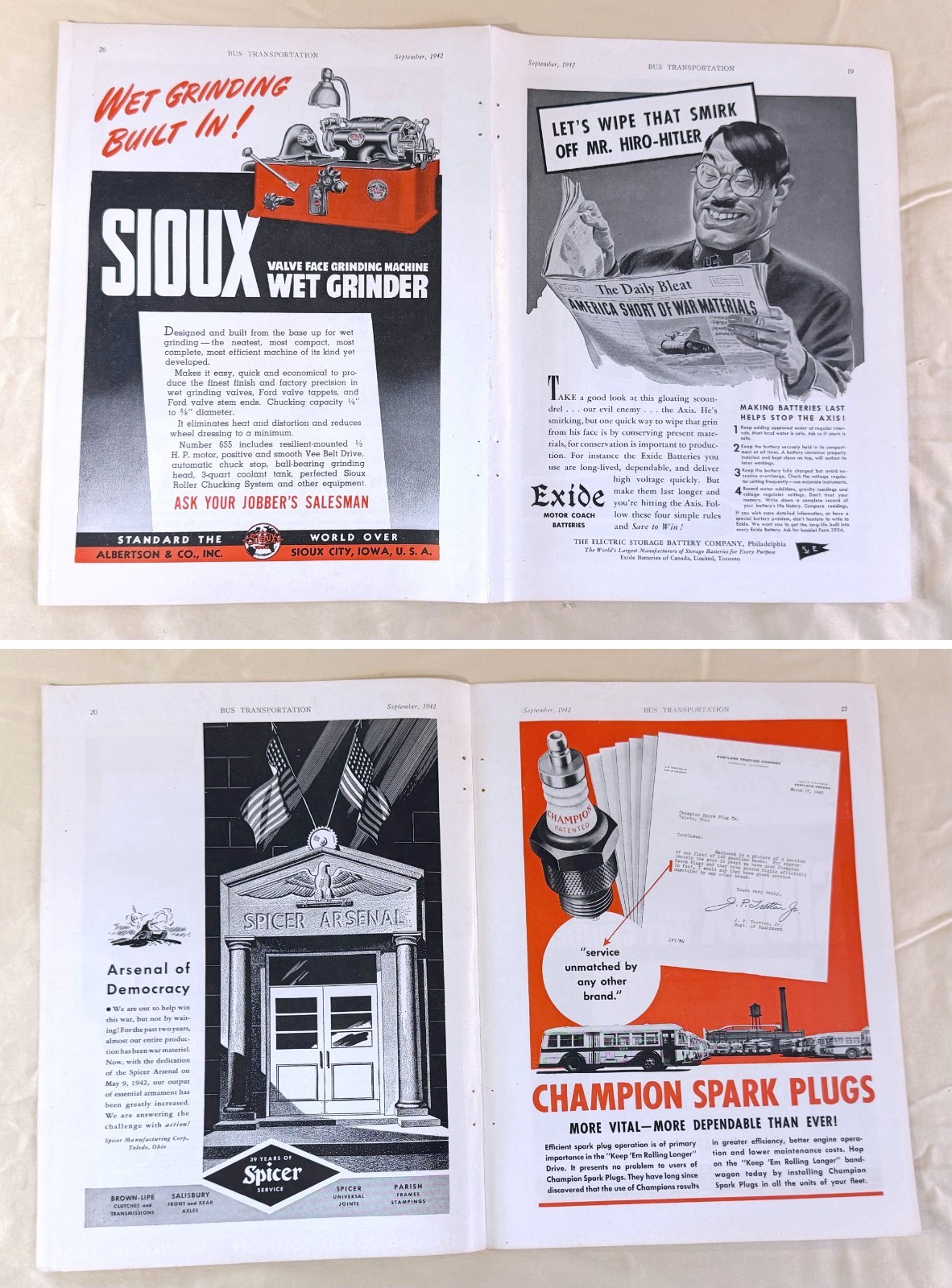 vtg BUS transportation print ad 1942 Hiro-Hitler Sioux Exide Champion Spicer
