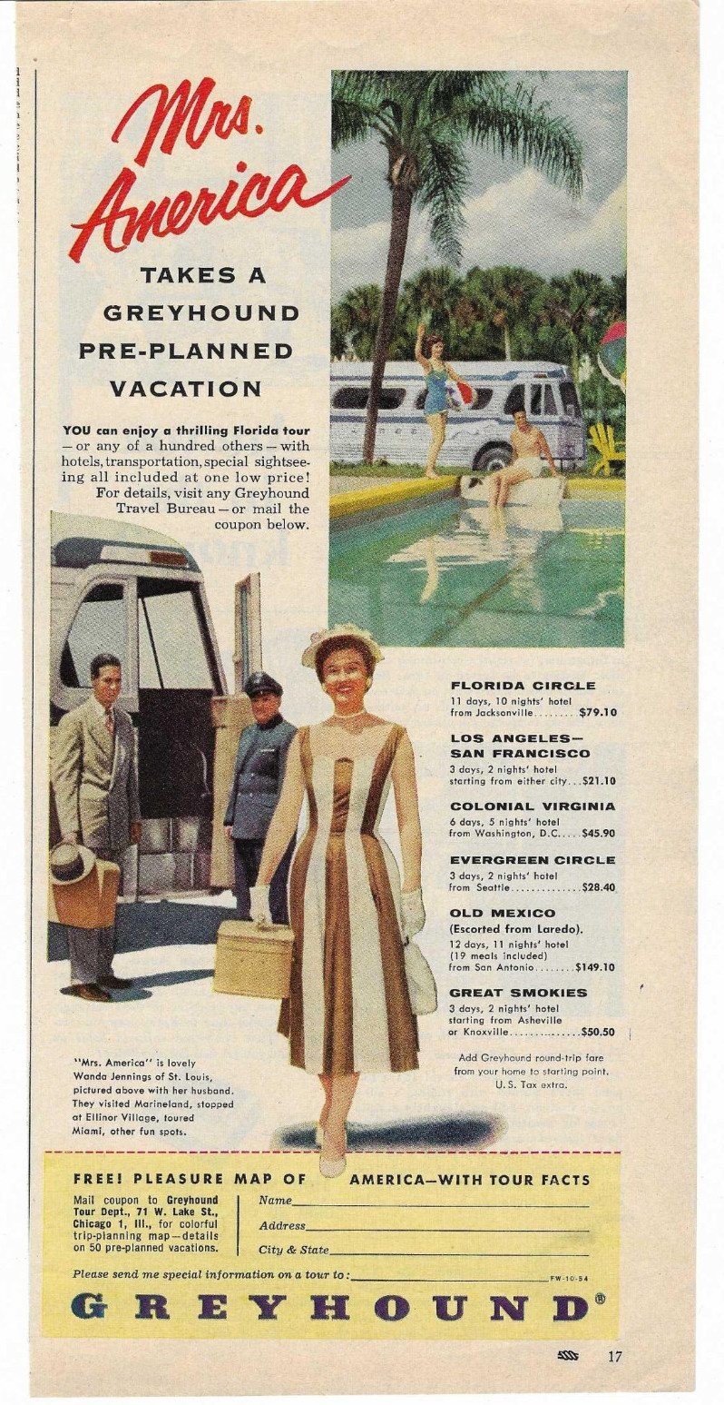 Greyhound Bus Mrs America Pre-Planned Vacation Color Vintage 1954 Print Ad Art