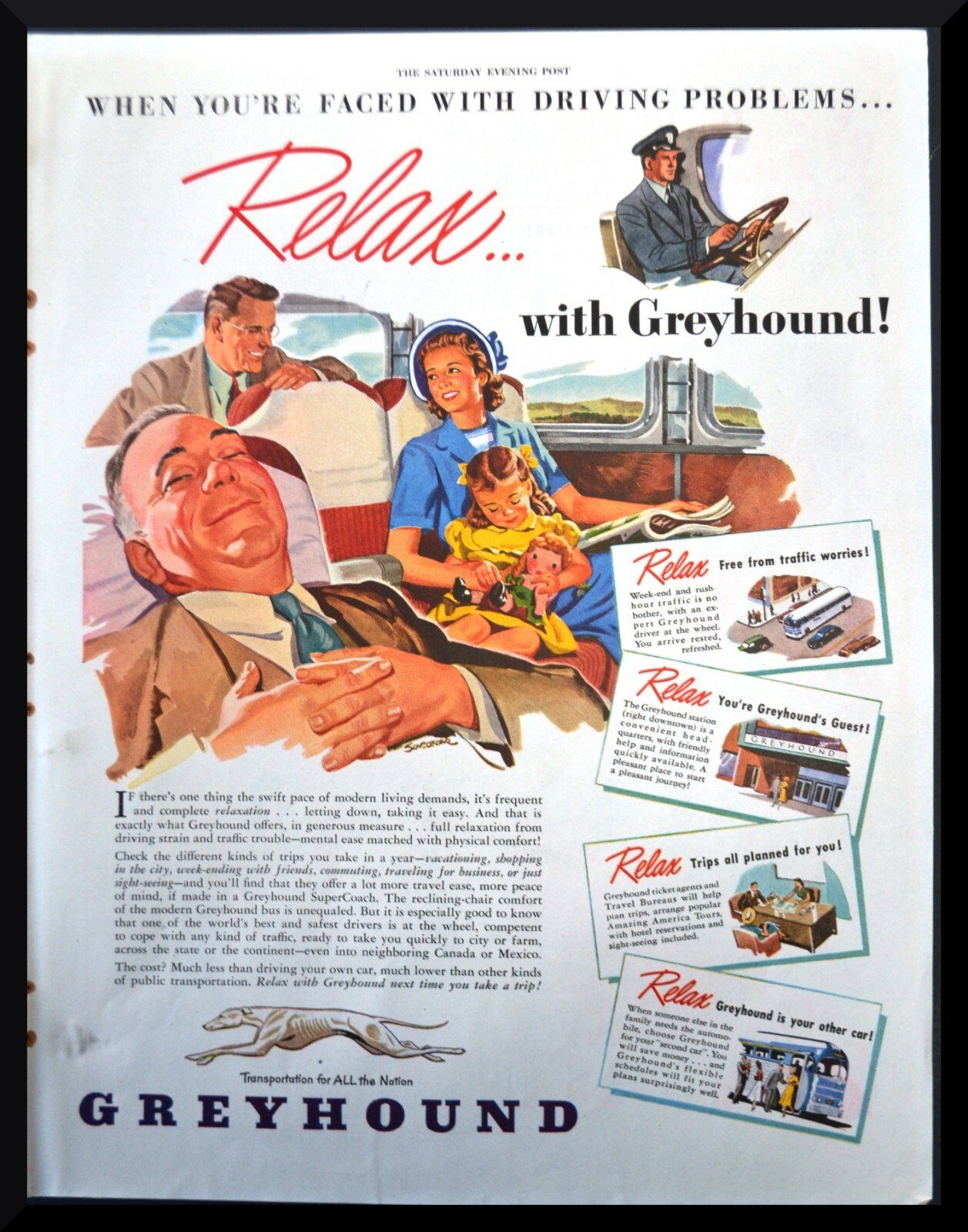 Lot of 6 1948 1949 Greyhound Bus Vintage Print Ads ORIGINALS