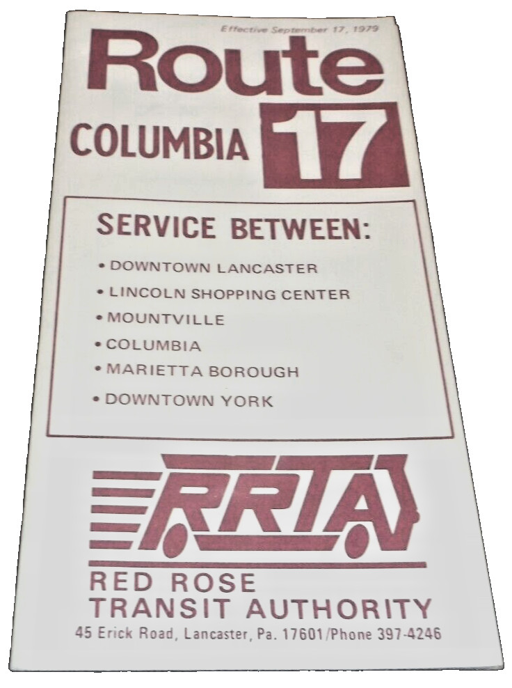 SEPTEMBER 1979 RED ROSE TRANSIT AUTHORITY COLUMBIA PENNSYLVANIA BUS SCHEDULES