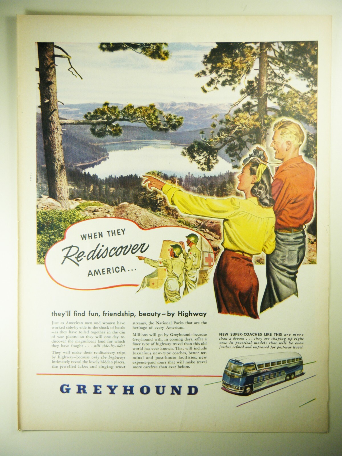 Vintage 1945 GREYHOUND BUS LINES Lg Full-Pg Magazine Print Ad: WWII COMING HOME