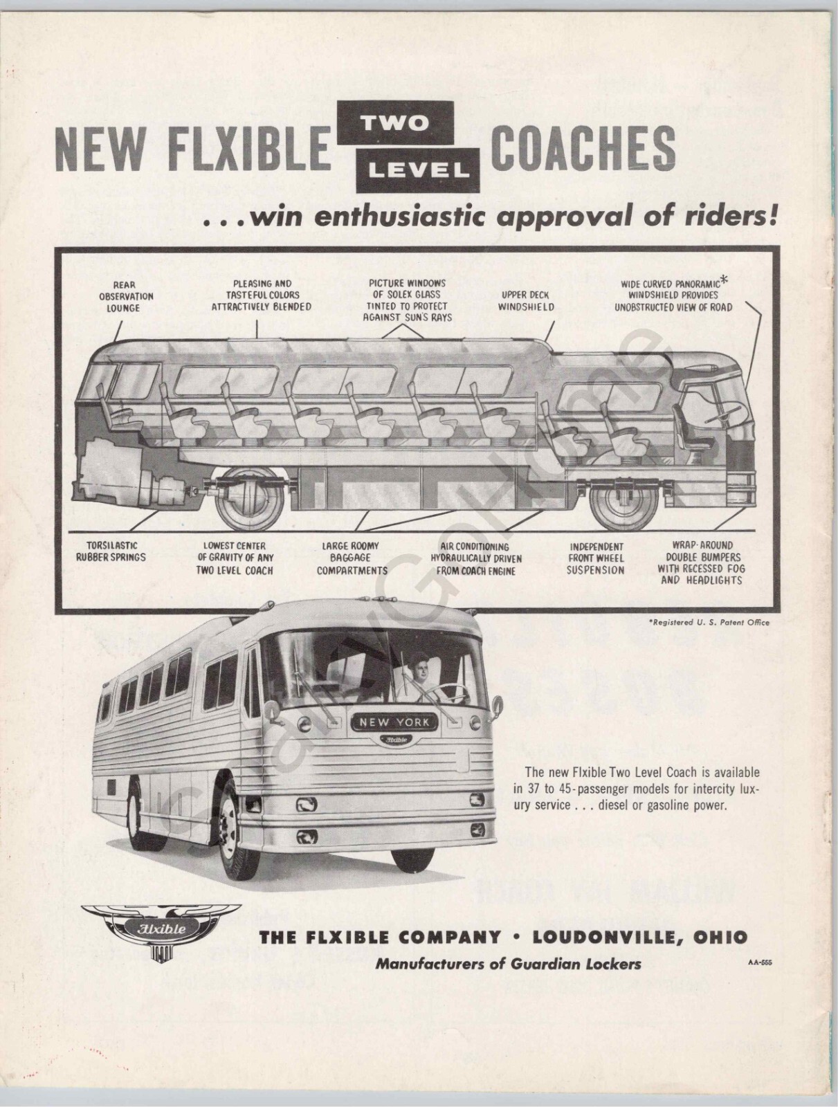 New Flxible Two Level Coaches Bus Panoramic Windshield Intercity Luxury 1955 Ad