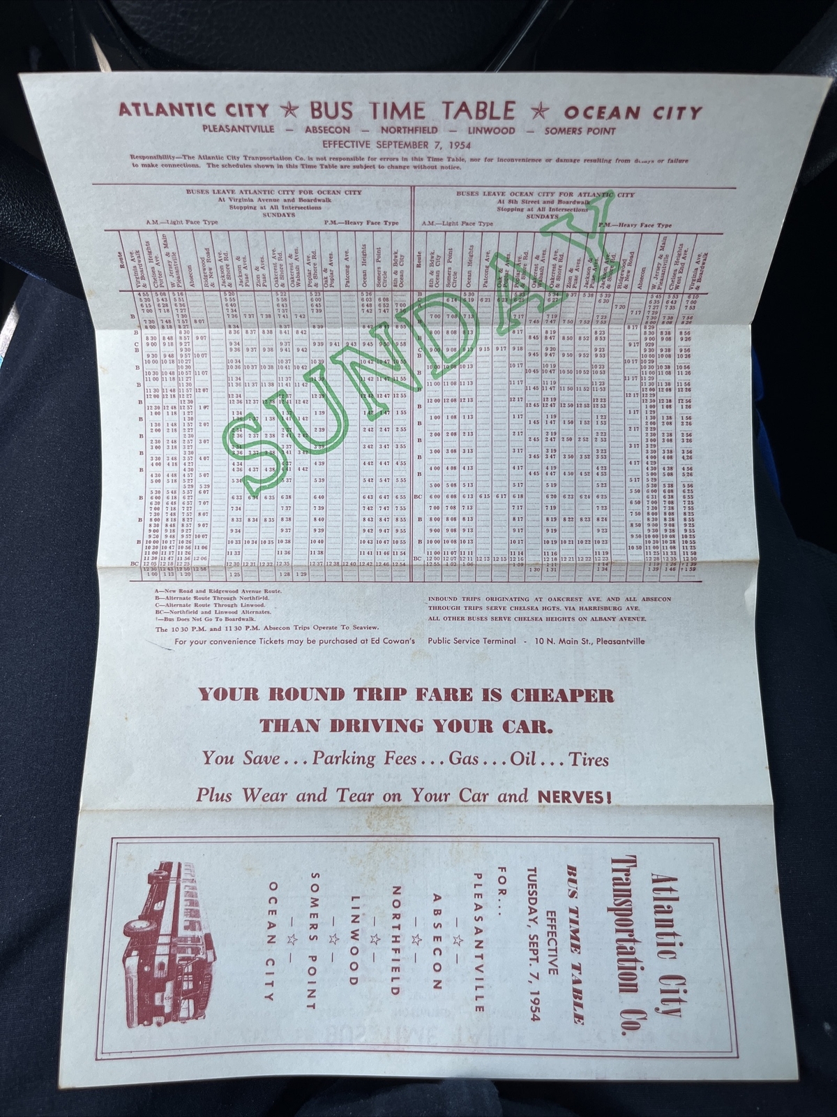 September 7, 1954 Atlantic City Transportation Company Bus Timetable Schedule