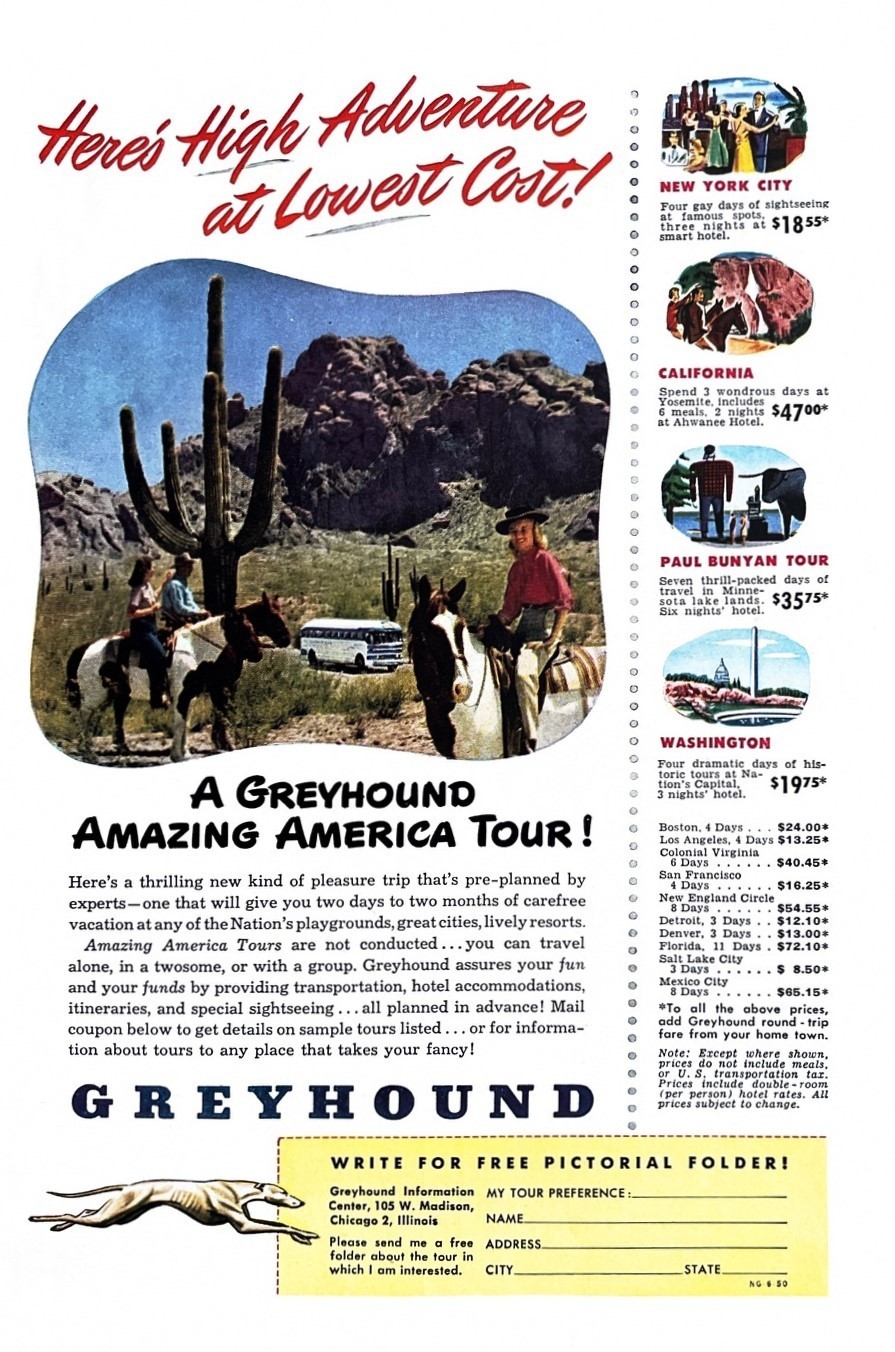 1950 GREYHOUND BUS USA Vintage Print Ad Americana Transportation Western Scene