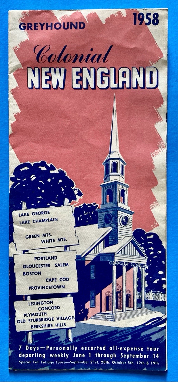 1958 Greyhound Tours Colonial New England Fold Out Brochure Tour Rates Itinerary