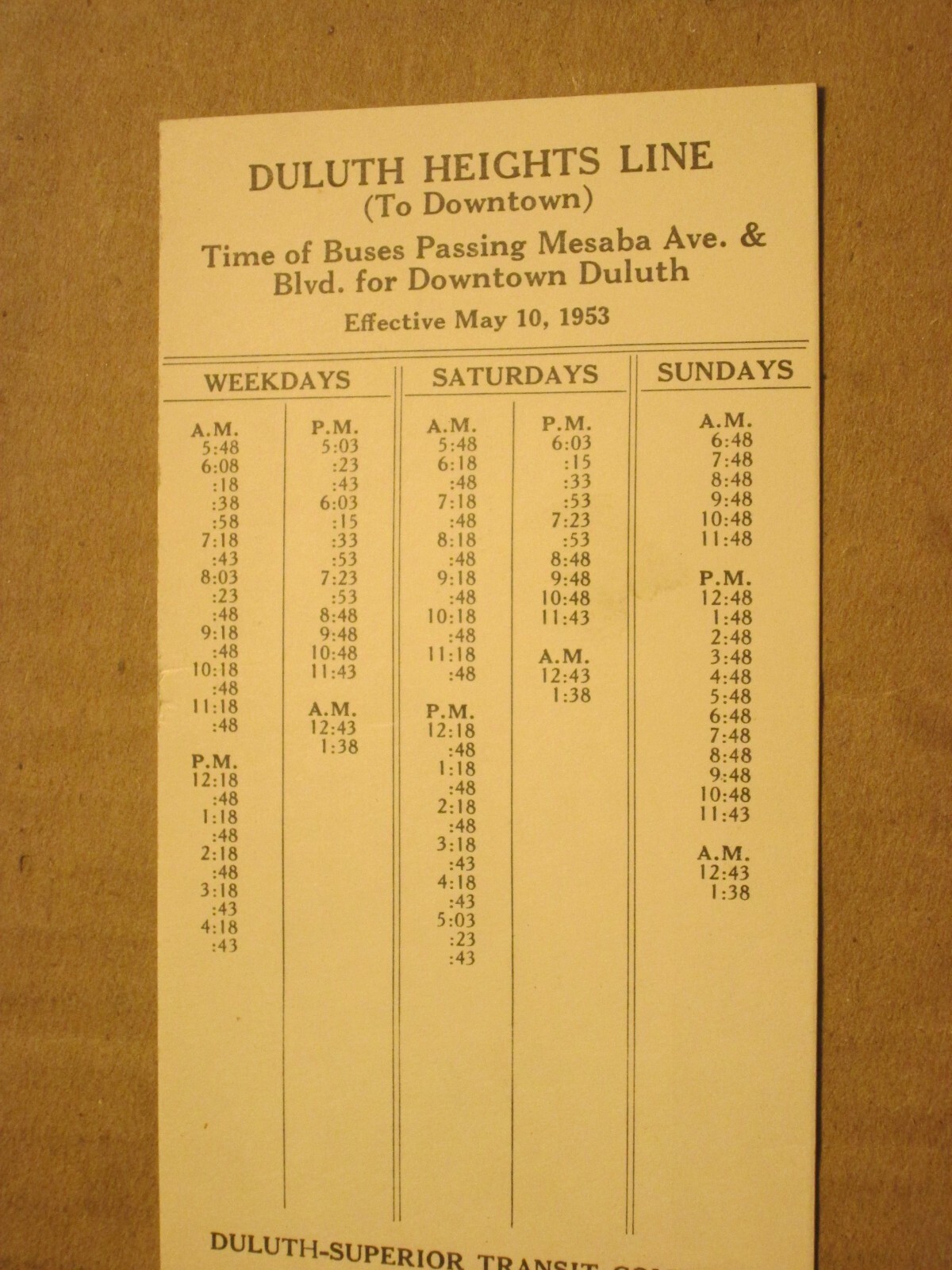 Duluth-Superior Transit Bus Time Table – Duluth Heights Line May 10 1953