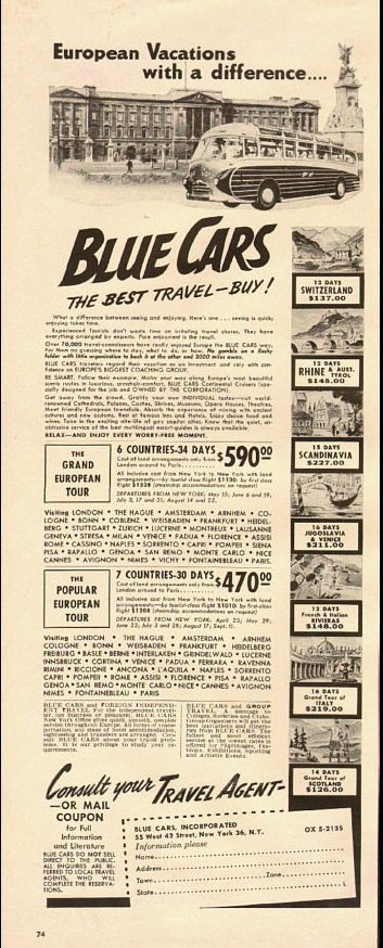 1950s vintage travel ad for ‘Blue Car’ Tours, Europe -071212