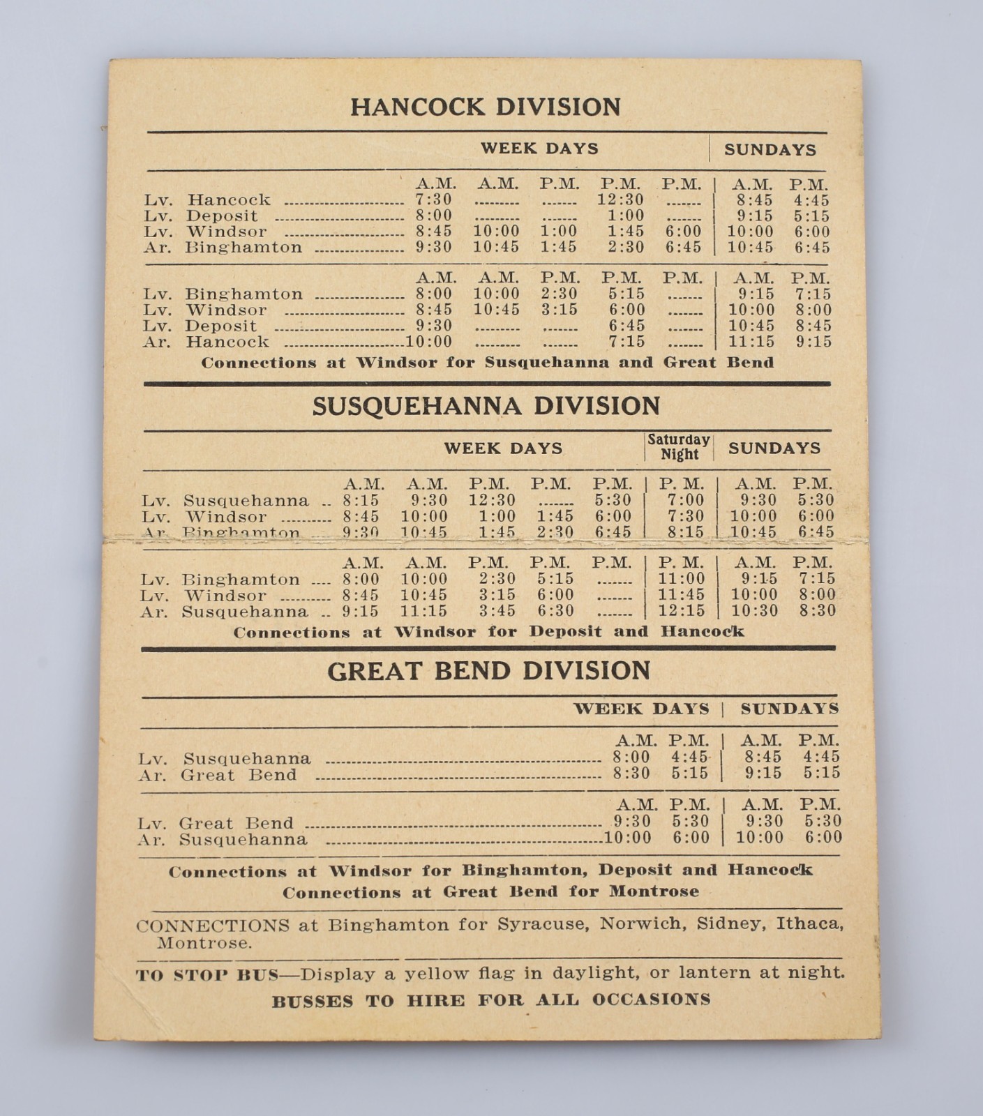 Vintage 1927 Susquehanna Motor Coach Lines Timetable Binghamton New York