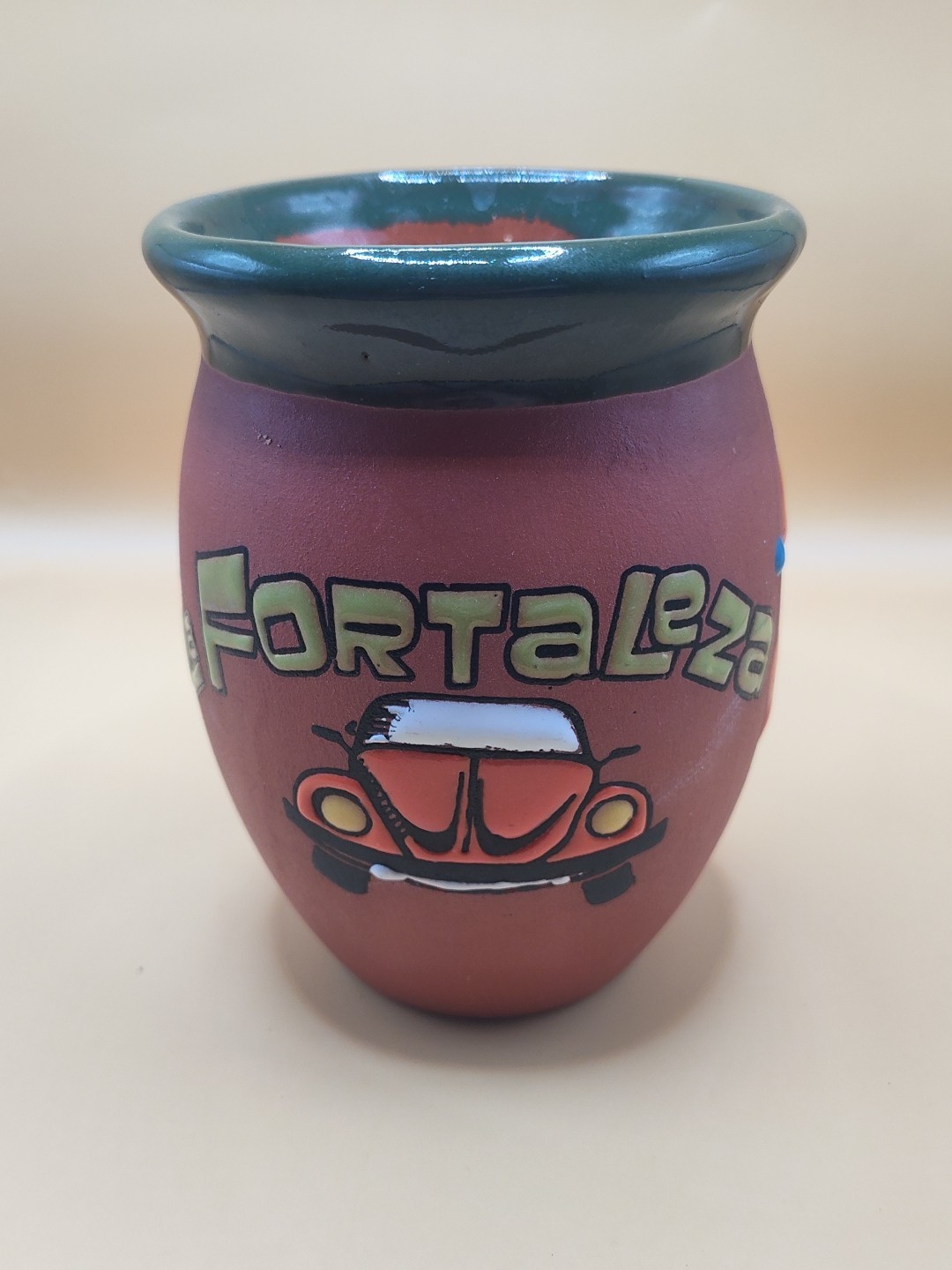 Vintage 5″ La Fortaleza Terra Cotta Enameled Pot Volkswagon Bus Car Bug Vase