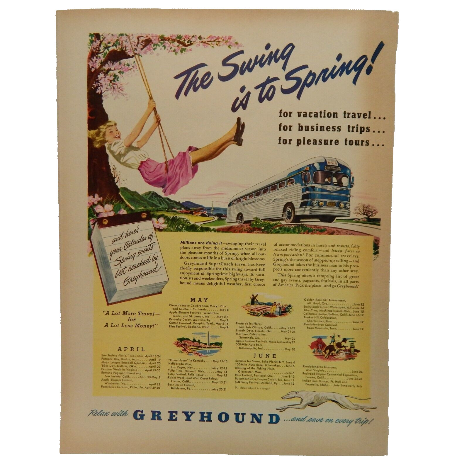 GREYHOUND BUS THE SWING IS TO SPRING 1949 ADVERTISEMENT