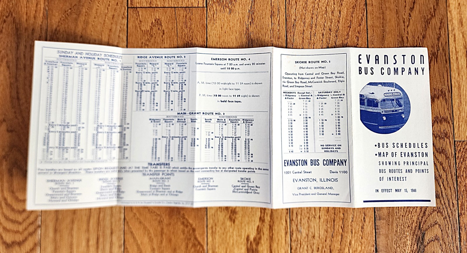 1946 EVANSTON BUS COMPANY TIME TABLE & MAP EVANSTON ILLINOIS