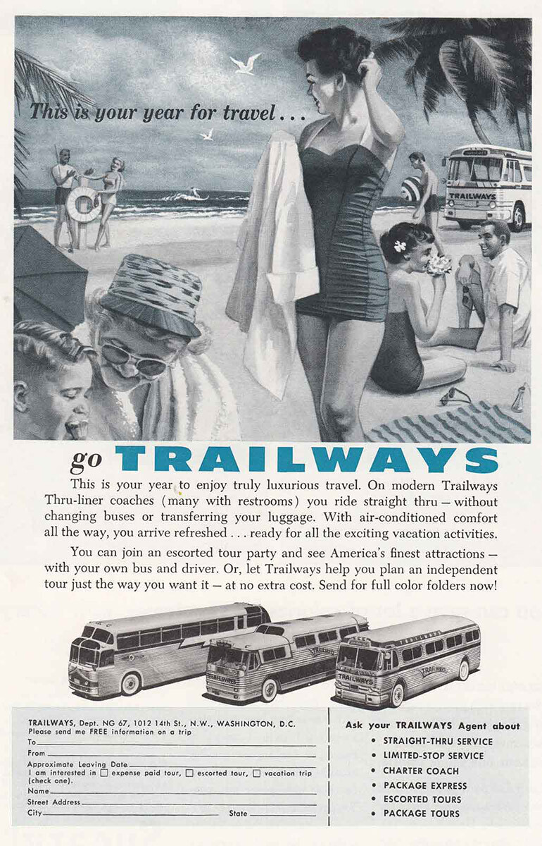 1957 Trailways: Beach Vintage Print Ad