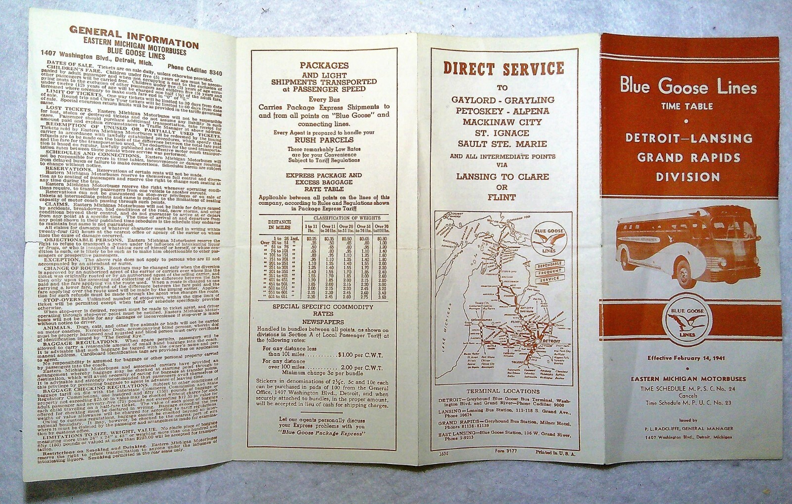 Blue Goose Lines Time Table Detroit-Lansing Grand Rapids Division 1941