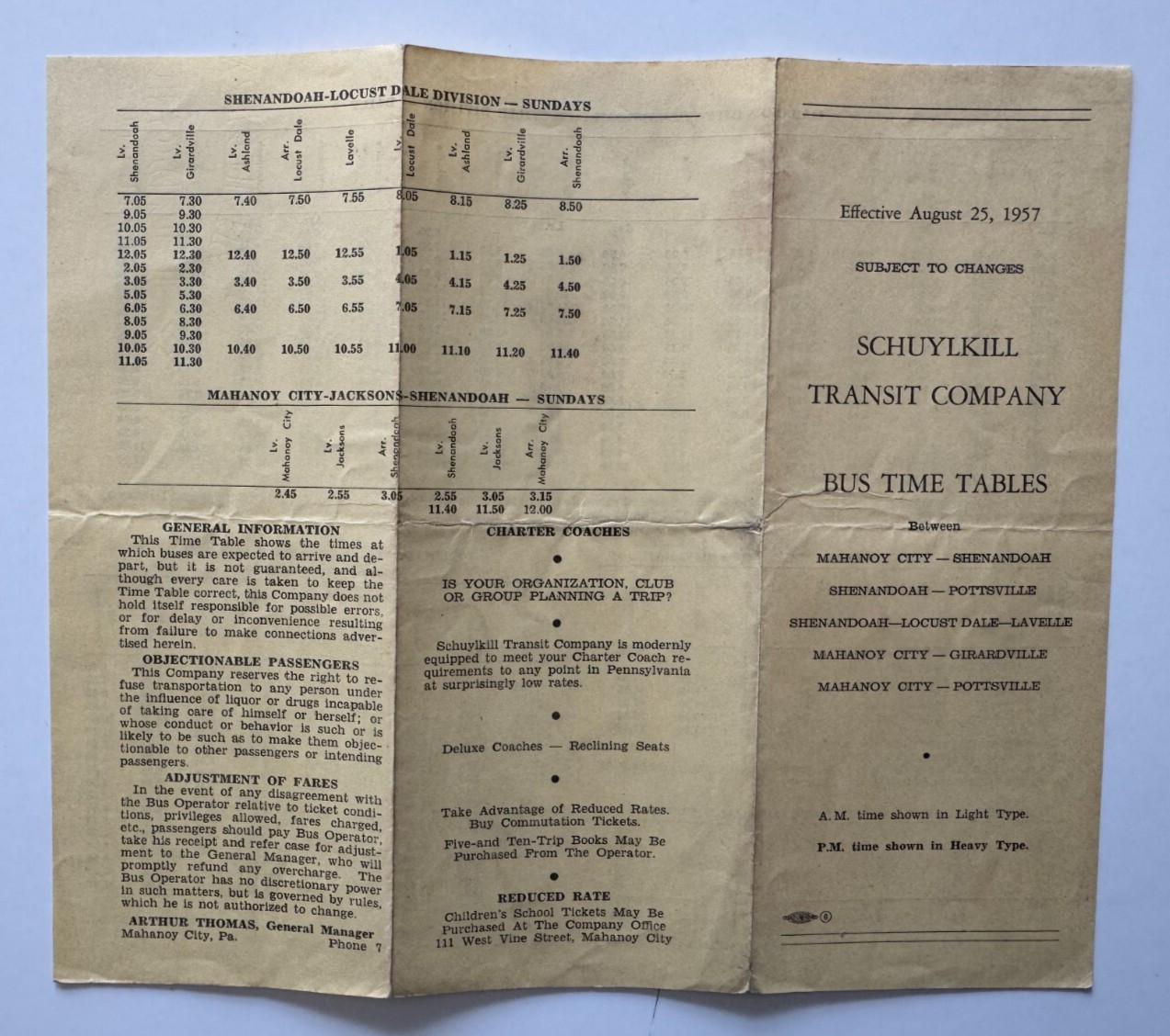 1957 Bus Timetable Schuylkill Transit Co Mahanoy City Pottsville Pennsylvania PA
