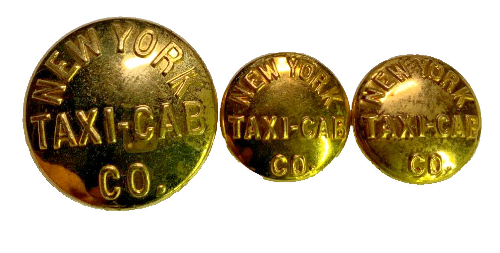 VERY RARE TRIO OF FIRST NEW YORK TAXI-CAB CO. 1907 GILT DRIVER BUTTONS 23/15mm
