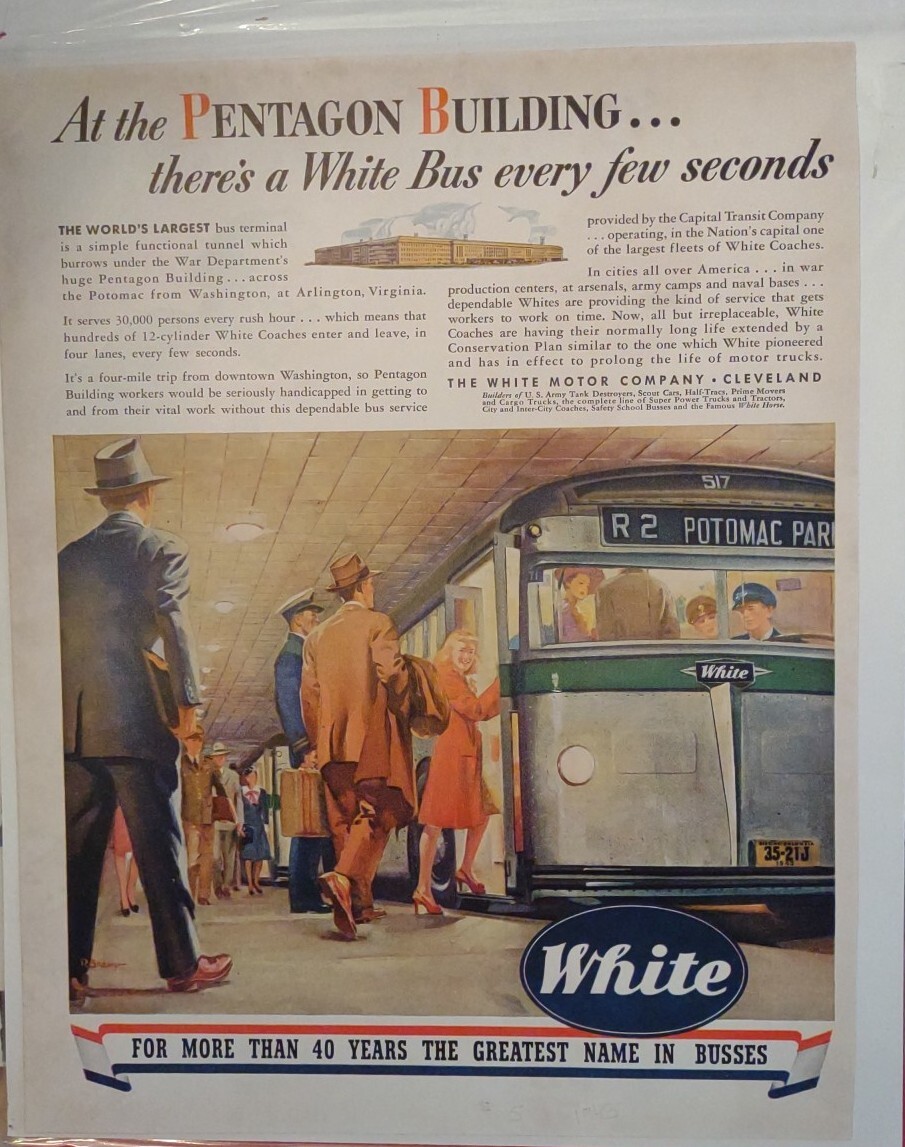 Vintage 1943 Ad For WHITE BUS LINE Service For The PENTAGON Arlington VA. 10×13