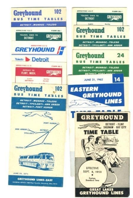 10 Detroit Greyhound Lines Pocket Time Tables 1950’s 1960’and 1970’s