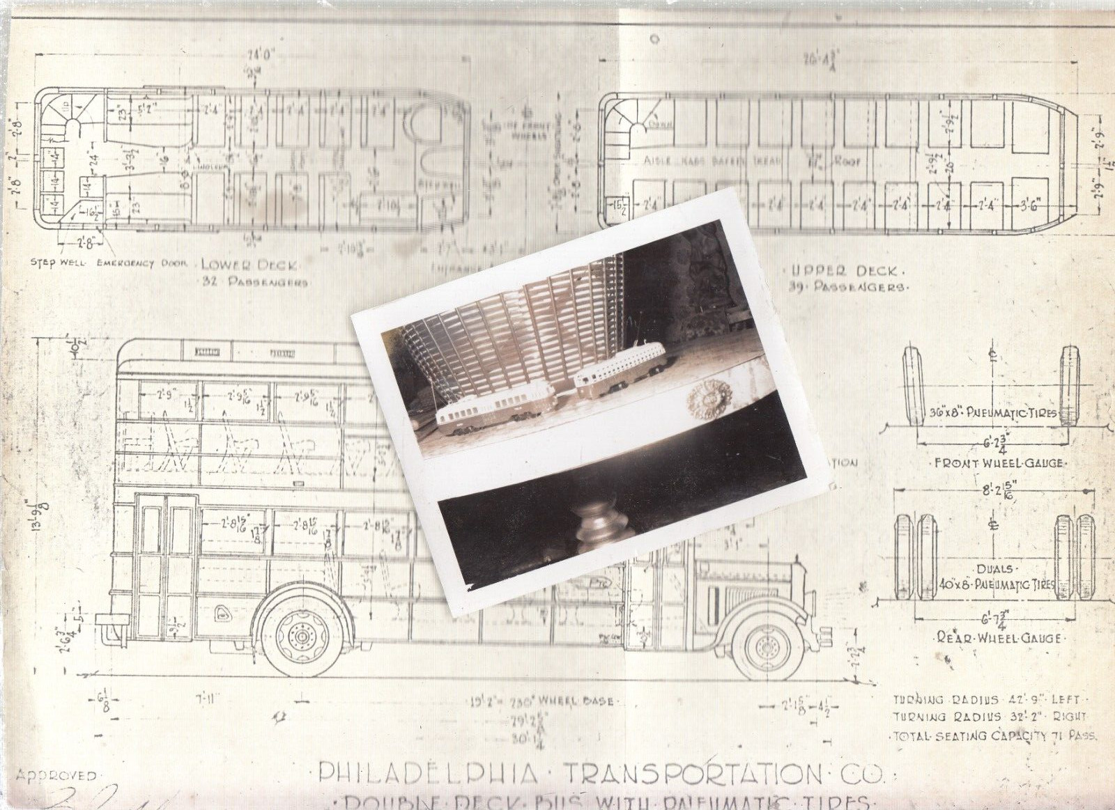 1940s PHILADELPHIA TRANSPORATION DOUBLE DECKER BUS SCHEMATIC W/TROLLEY PHOTO