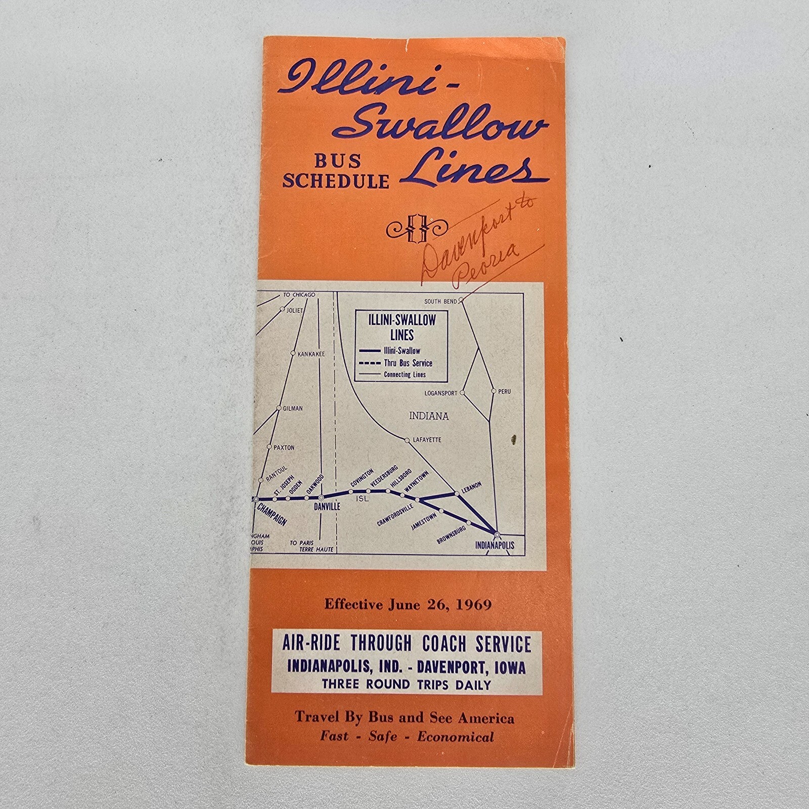 1969 Illini Swallow Bus Lines Timetable Schedule Brochure Illinois Indiana