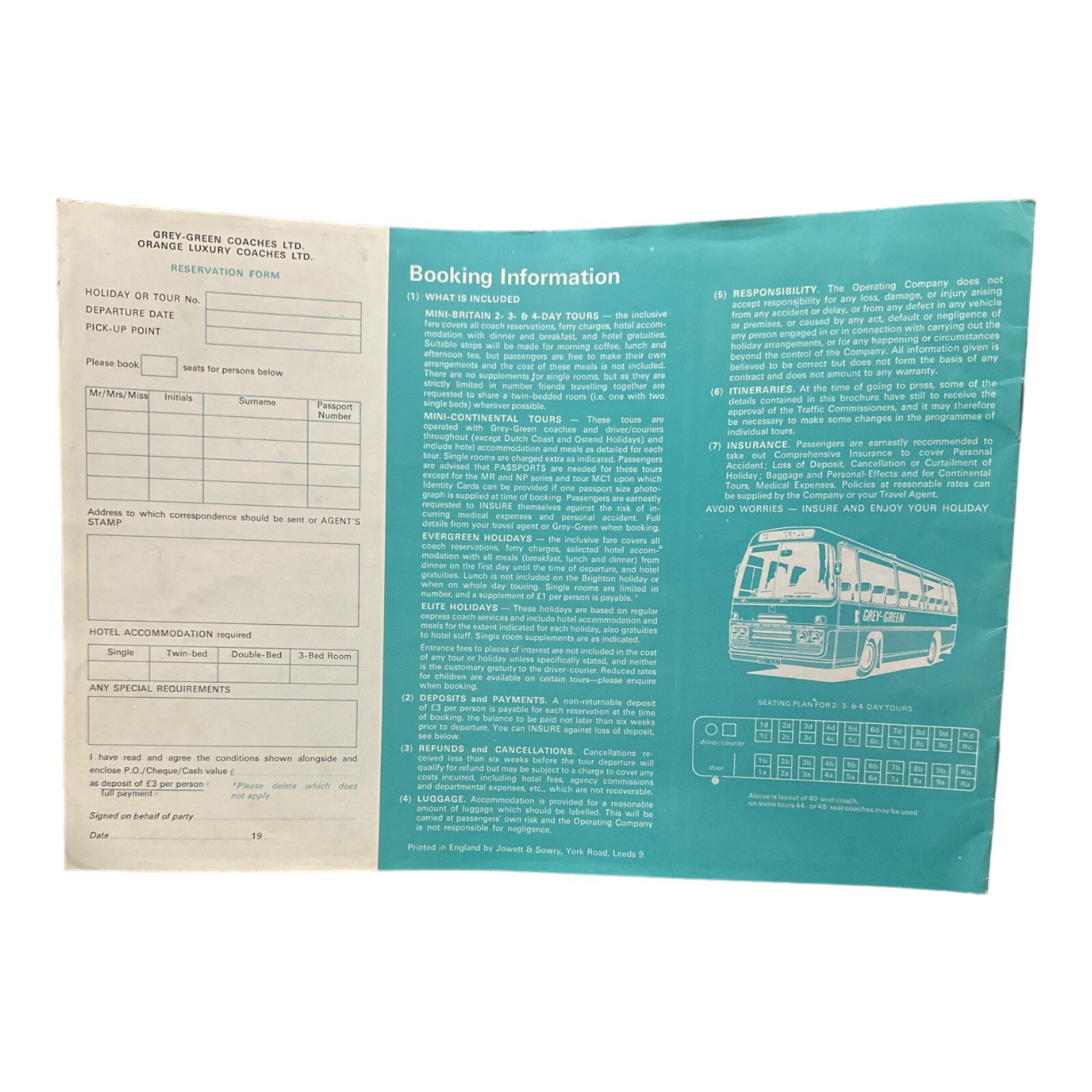 1972 Holidays Grey-Green and Orange Luxury Coaches Bus Schedule England