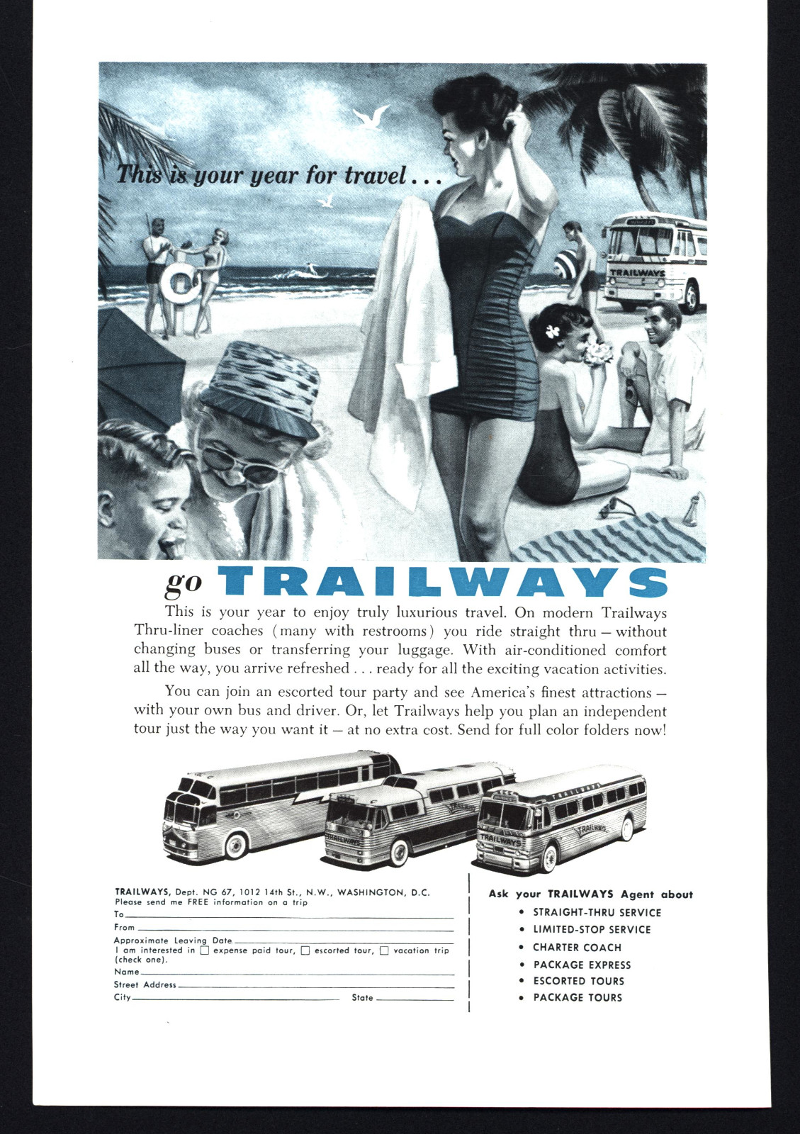 1957 VINTAGE PRINT AD TRAILWAYS THRU-LINER COACHES WOMAN ON THE BEACH