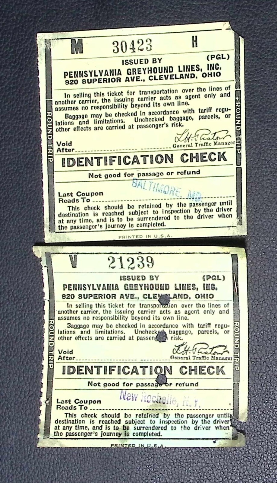 1942 Pennsylvania Greyhound Lines Identification Check Tickets – Baltimore MD