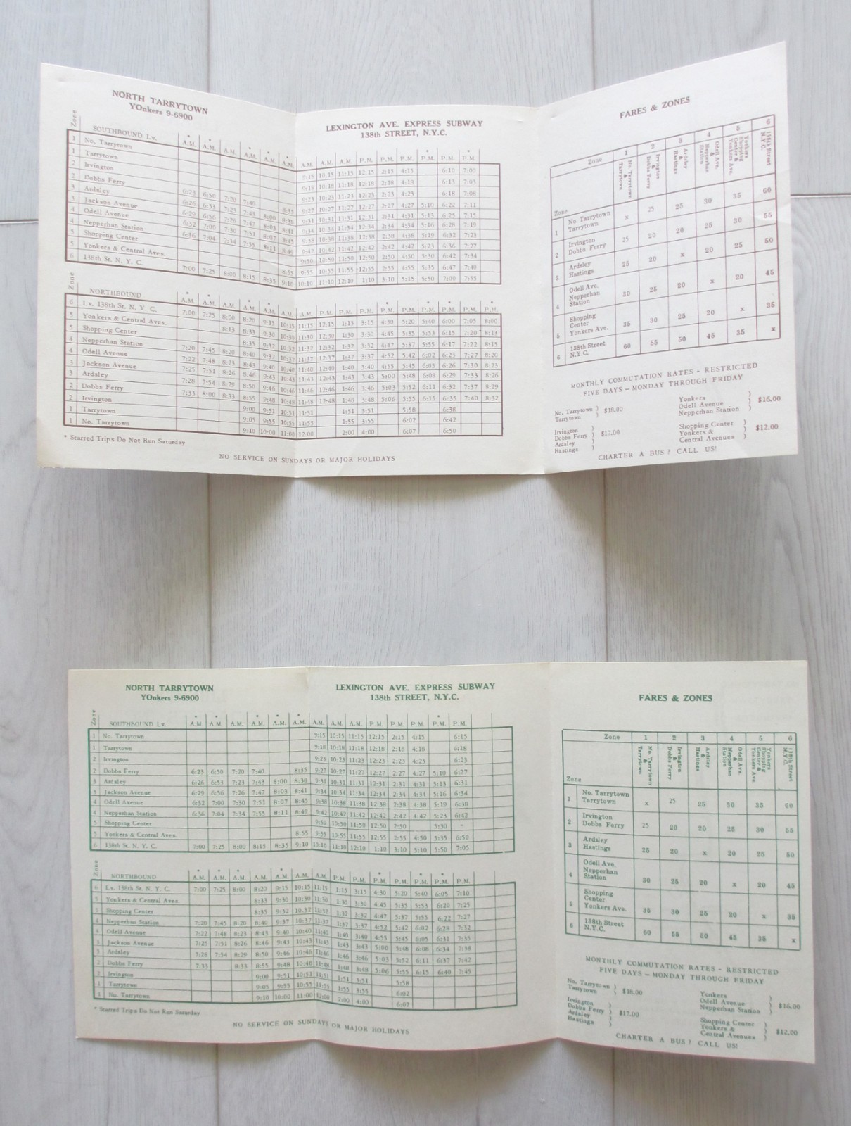 Lot of 2 Vintage 1950s Liberty Coaches Bus Timetables The Bronx Tarrytown NY