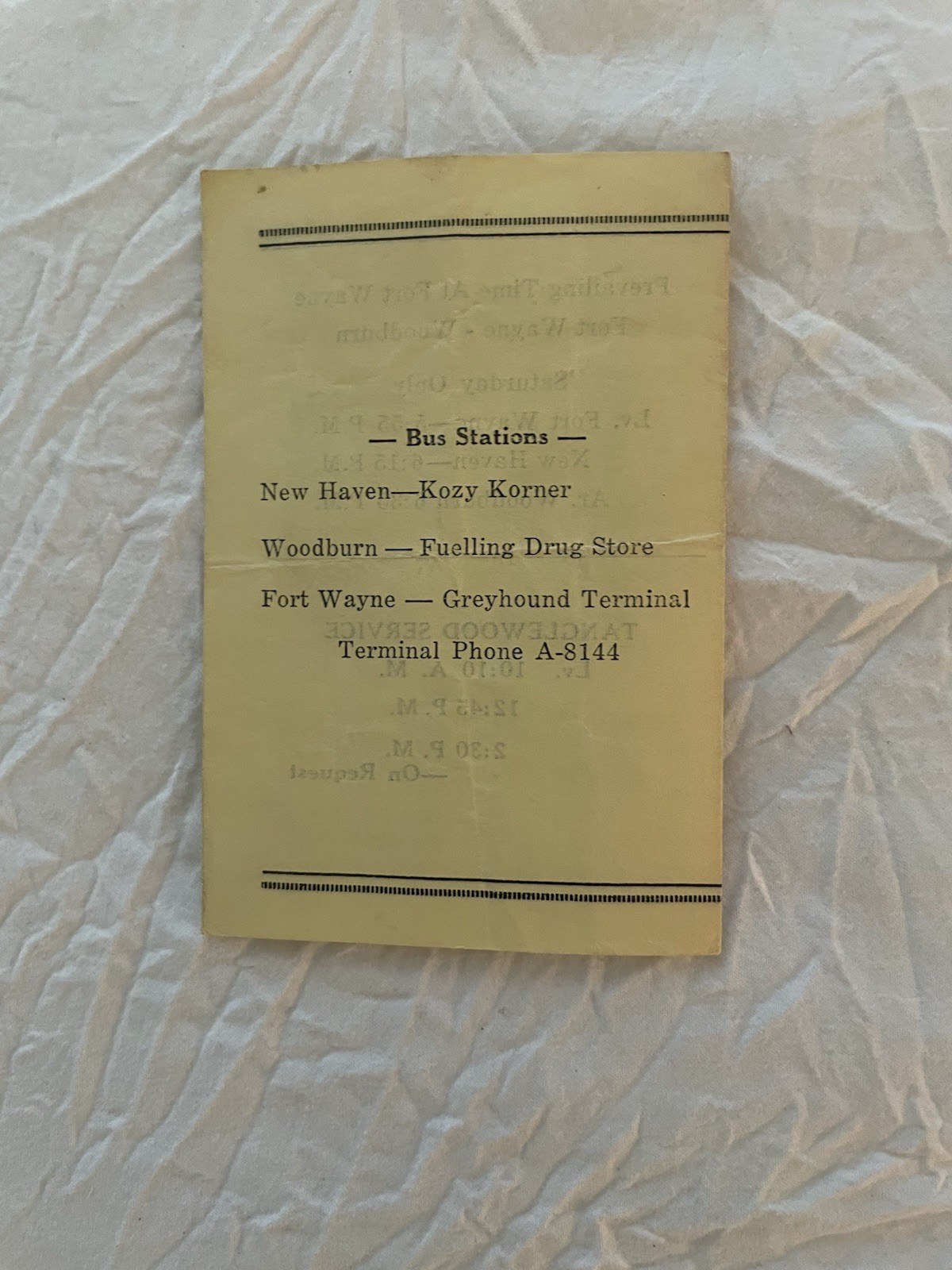 Vintage 1951, New Haven – Fort Wayne Indiana Bus Timetable SCHEDULE