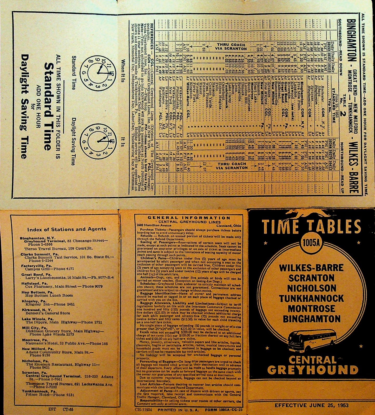 Central Greyhound Bus Timetable 1005A June 25 1963 Wilkes-Barre to Binghamton