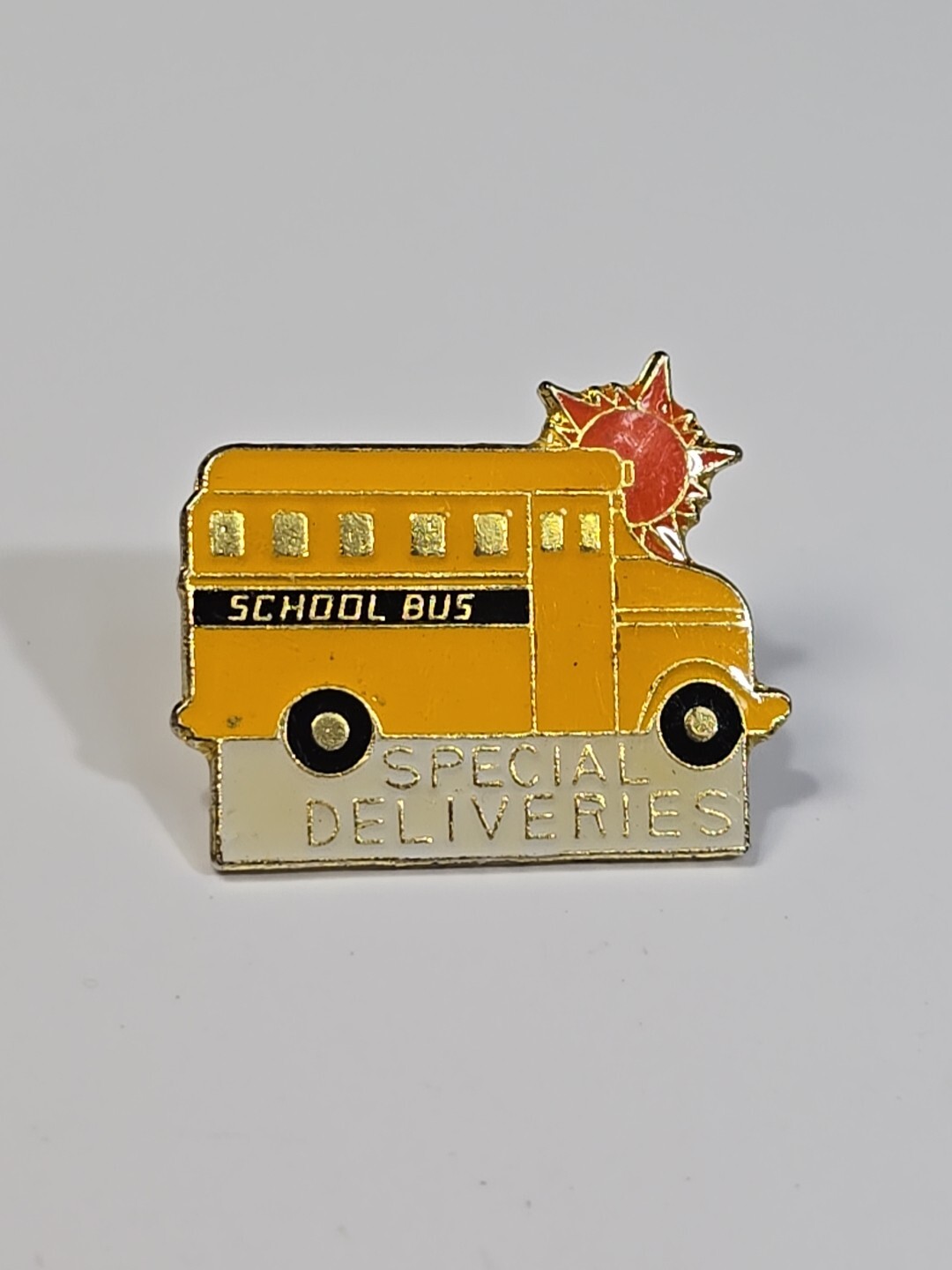 School Bus Special Deliveries Lapel Pin Yellow Vehicle Rising Sun 1989