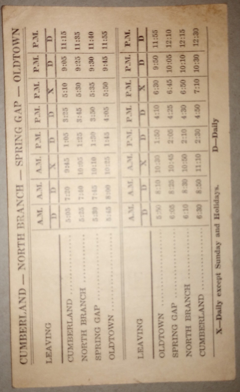 1954 G.T.R. Bus Lines Schedule For Cumberland, North Branch Spring Gap Old Town