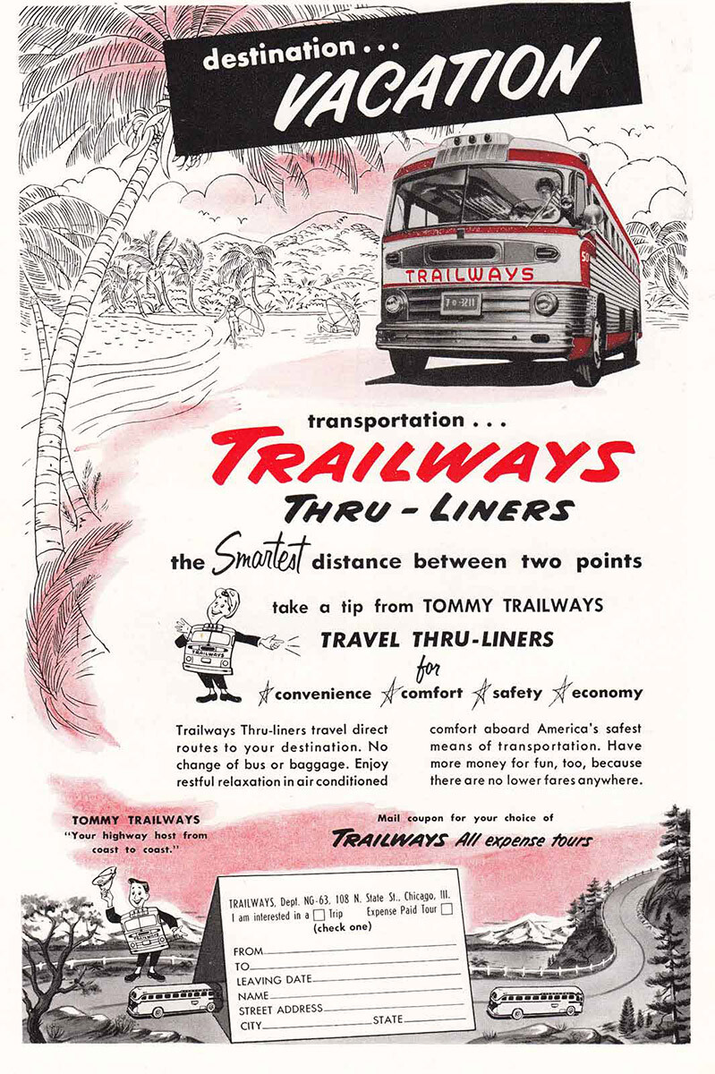 1953 Trailways: Destination Vacation Vintage Print Ad