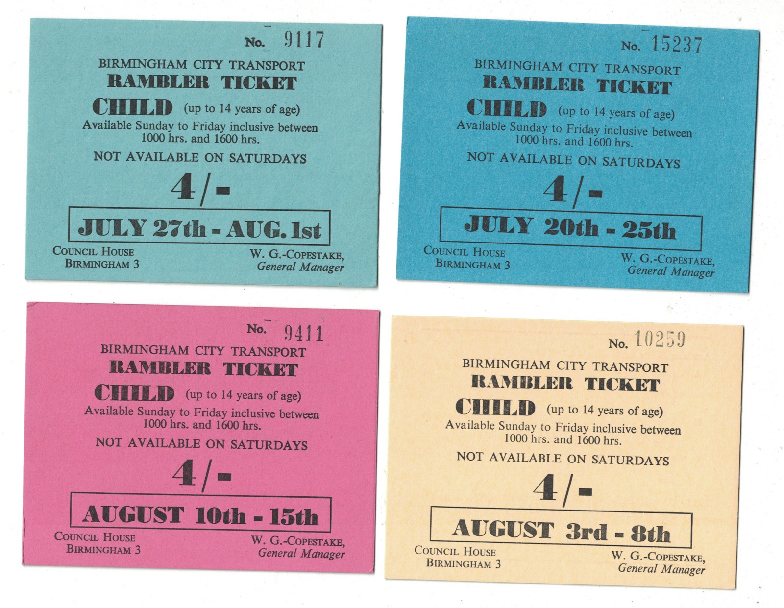 Birmingham City Transport – 4 Child & 4 Adult Rambler Bus Tickets – 1958(?) UK