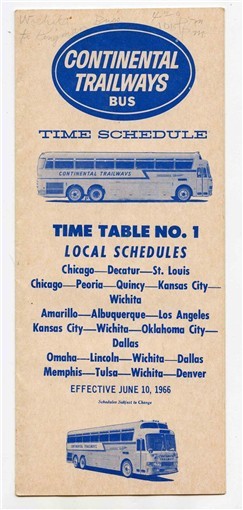 Continental Trailways Bus Time Schedule 1966 Time Table No 1 Local Schedules