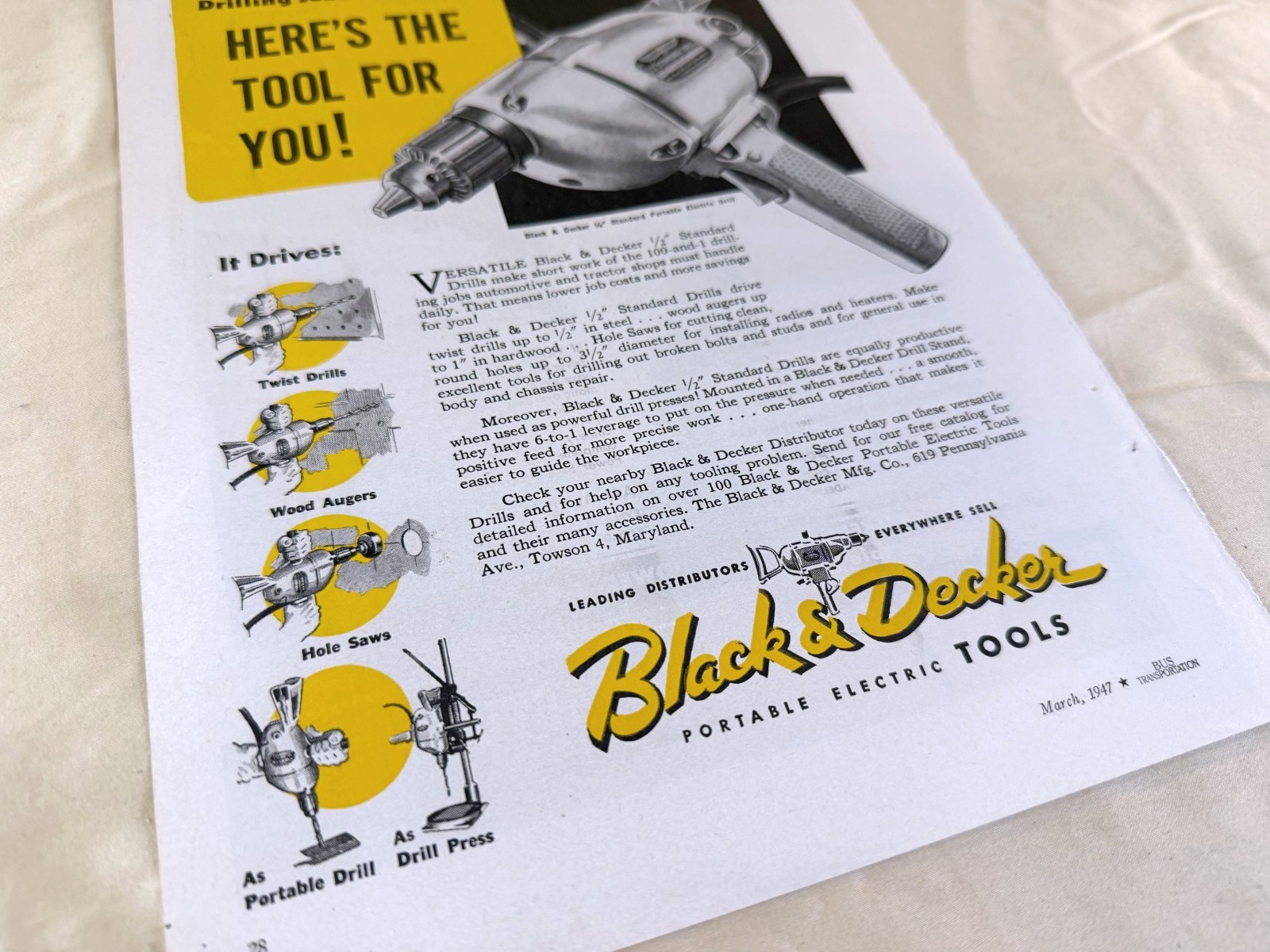 vtg BUS print ad Black & Decker 1/2″ Standard Drill advertisement March 1947
