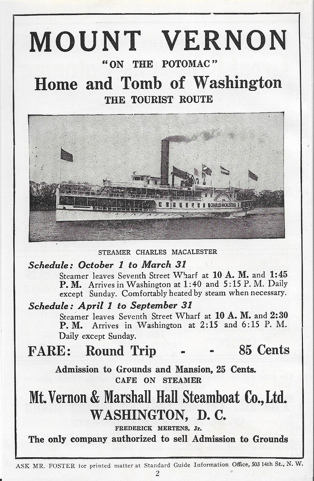 Antique 1920’s Mt. Vernon & Marshall Hall Steamboat – Washington D. C. – 1924 AD