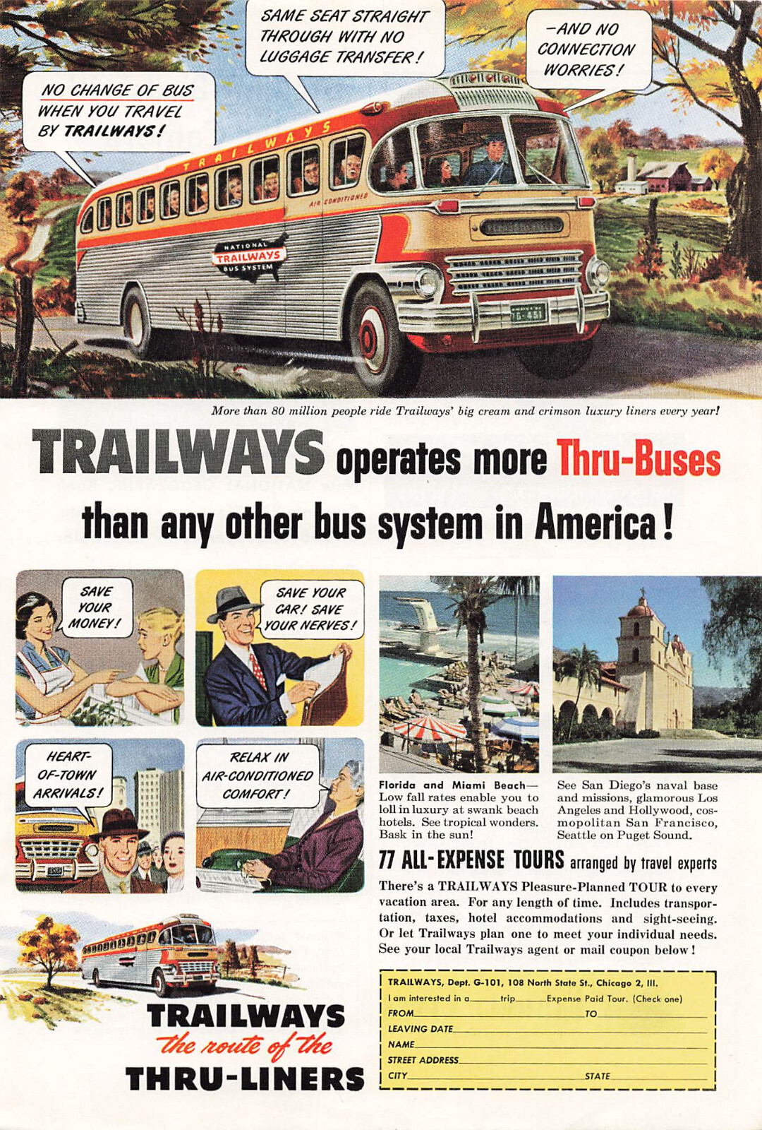 Trailways Bus Print Ad Transportation Advertising Travel Tours Vintage 1951
