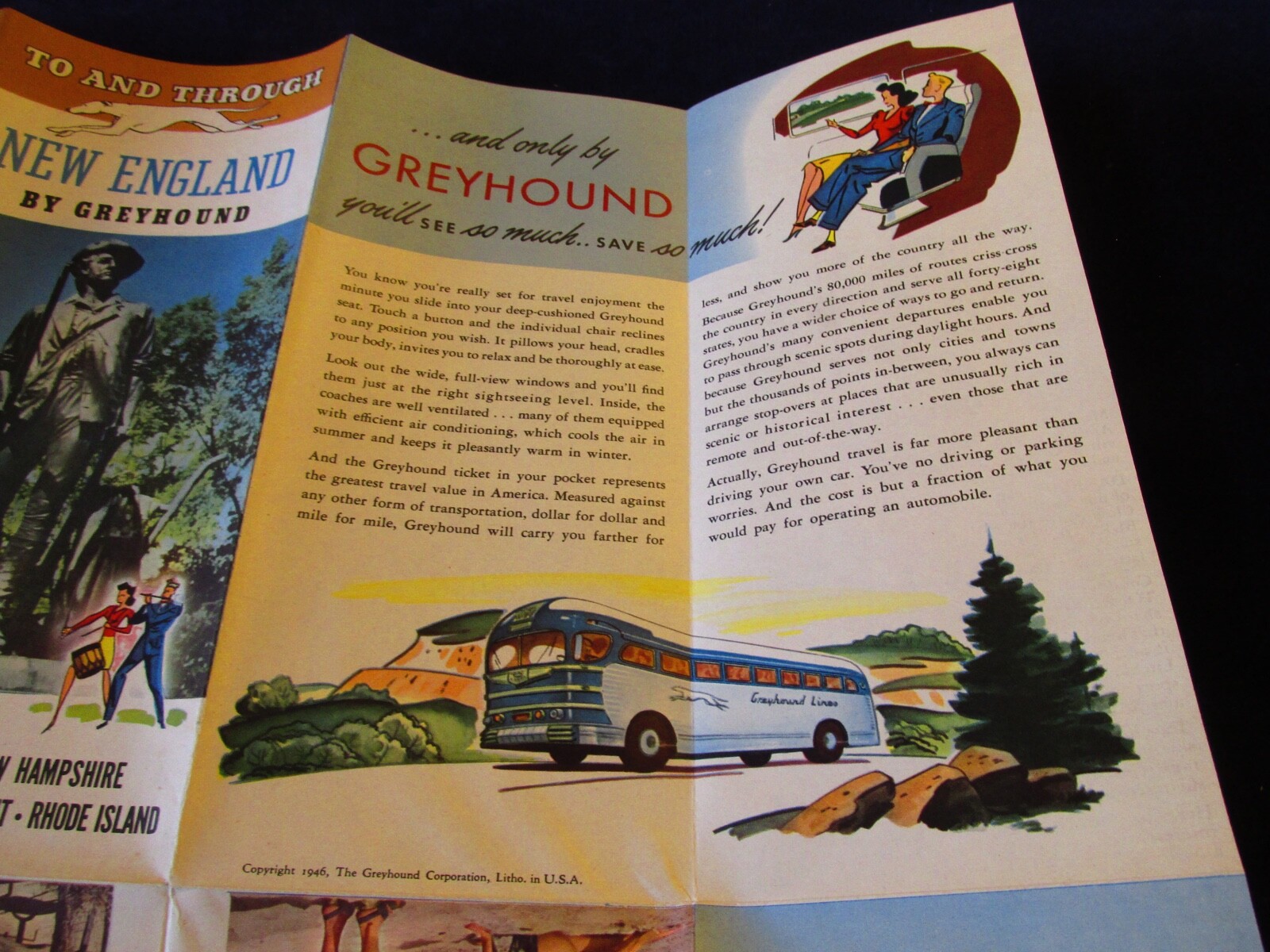 Vintage 1946 Greyhound Bus New England Travel Brochure ME VT NH MA CT RI Q1129