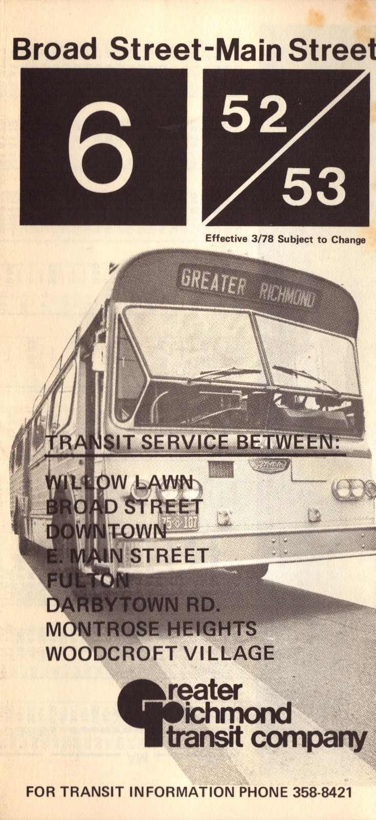 1978 Greater Richmond Transit Bus Timetable Route 6 52 53 Broad Main St