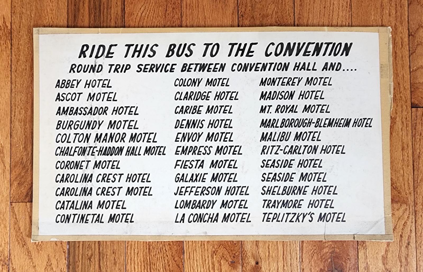 VINTAGE JERSEY SHORE CHARTER BUS POSTER SIGN SEASIDE WILD WOOD CAPE MAY NJ