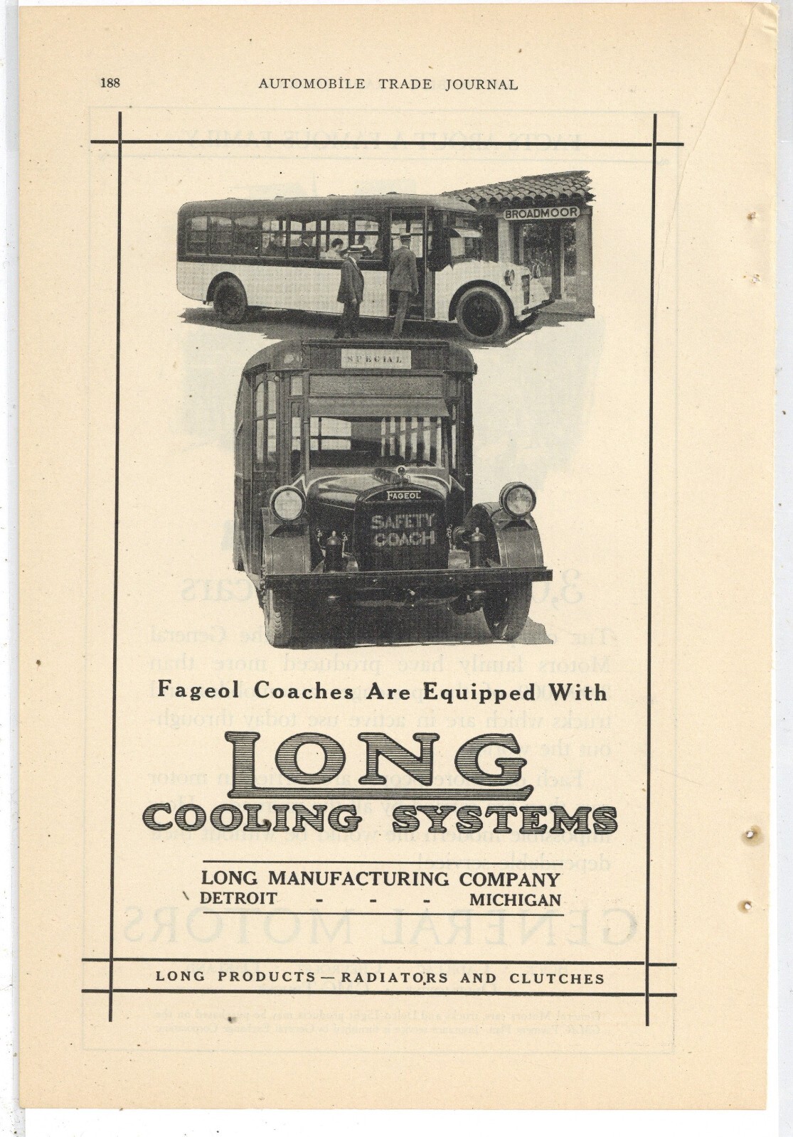 1924 Long Cooling Systems Ad: Fageol Safety Coach Bus Pictured, Front & Side
