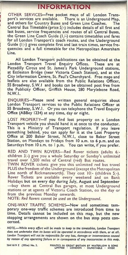 1964 LONDON TRANSPORT B.G. Lewis Map Bus Routes Terminal Points Underground