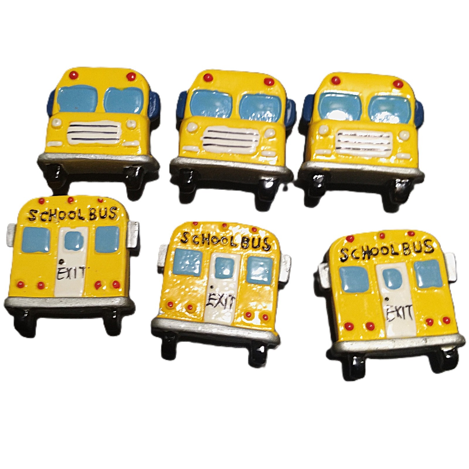 6 Yellow School Bus Resin Button Covers Blue Silver Front & Back of Bus SO CUTE!