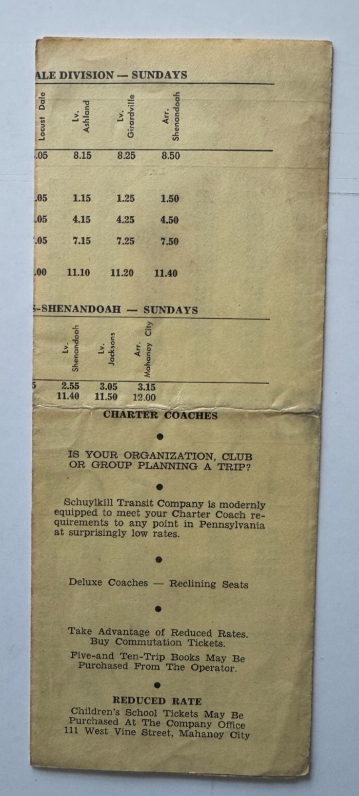 1957 Bus Timetable Schuylkill Transit Co Mahanoy City Pottsville Pennsylvania PA