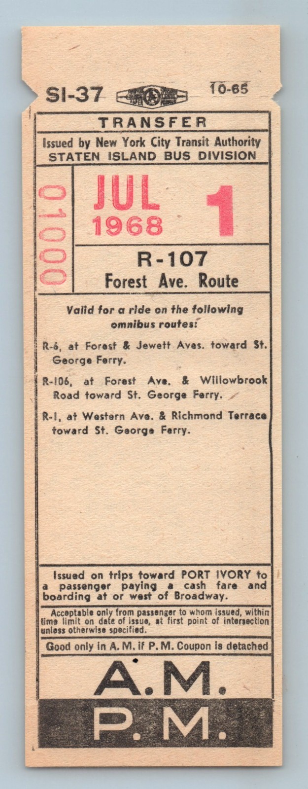 Bus Ticket NYCTA Staten Island R-107 Forest Ave Route Jul 1 1968 SI-37