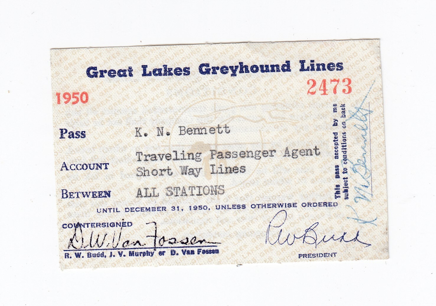 1950 Great Lakes Greyhound Lines Pass Passenger Agent