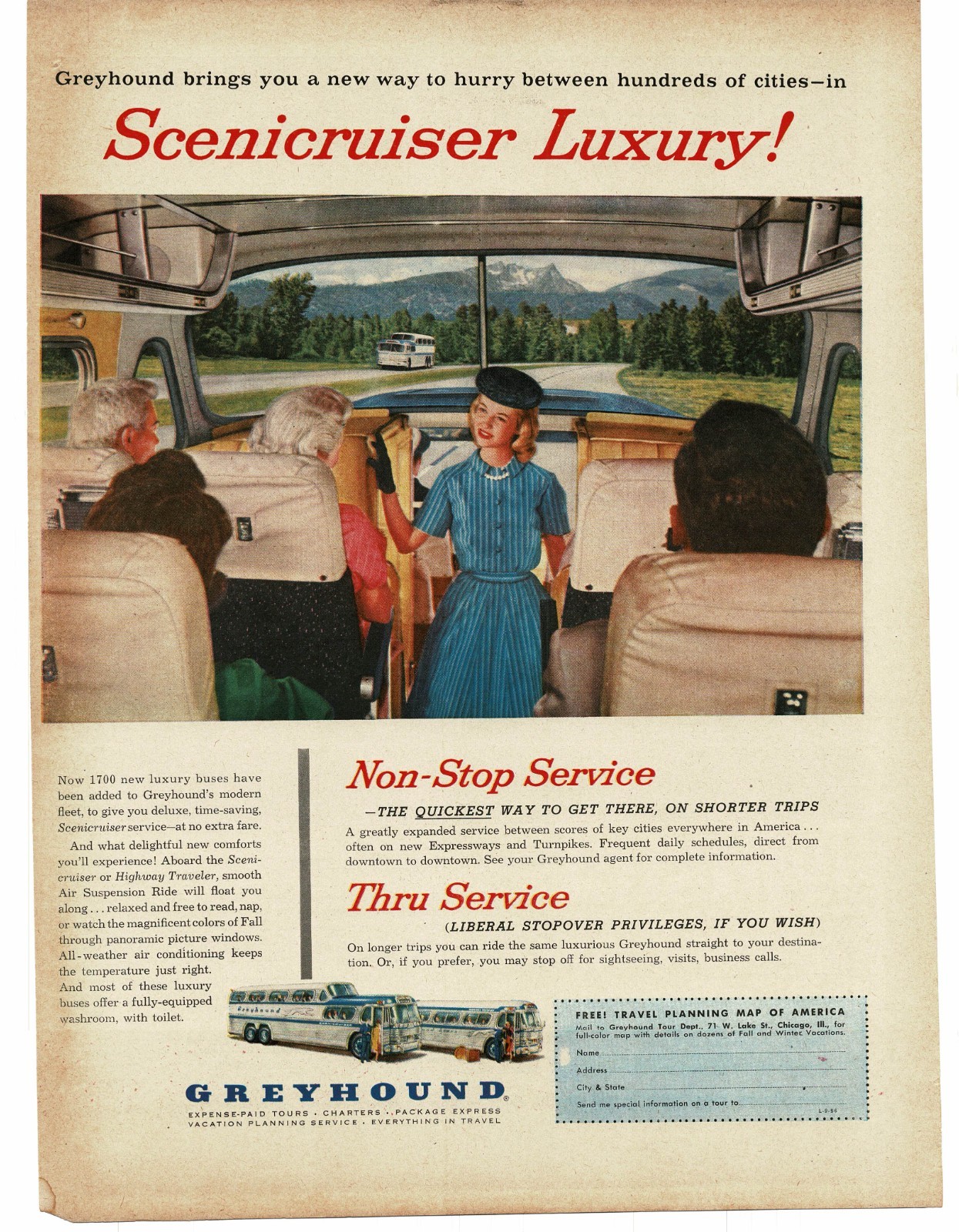 1956 Greyhound Bus Lines Scenicruiser inside view Vintage Print Ad 1