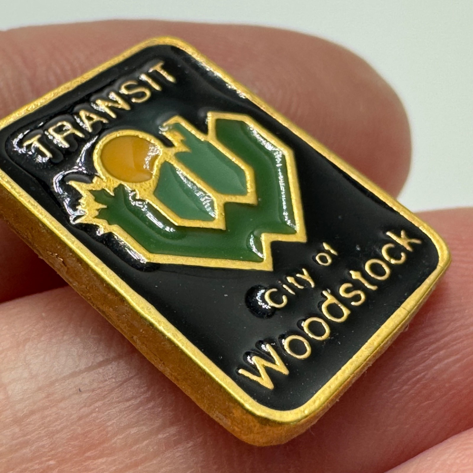 Vintage City Of Woodstock Transit Logo Enamel Lapel Pin Black Green Gold Canada
